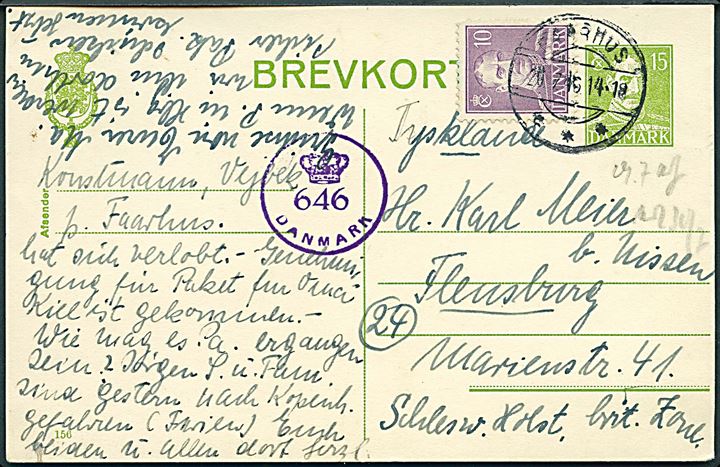 15 øre Chr. X helsagsbrevkort (fabr. 156) opfrankeret med 10 øre Chr. X fra Faarhus d. 20.7.1946 til Flensburg, Tyskland. Dansk efterkrigscensur (krone)/646/Danmark.