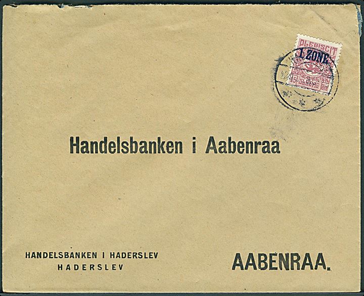 15 øre 1. Zone udg. på brev annulleret med uldent stempel i Haderslev d. 29.6.1920 til Aabenraa.