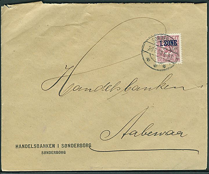15 øre 1. Zone udg. på brev annulleret med uldent stempel i Sønderborg d. 28.6.1920 til Aabenraa.