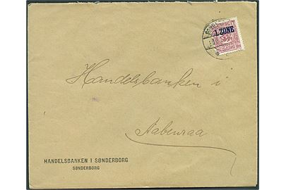 15 øre 1. Zone udg. på brev annulleret med uldent stempel i Sønderborg d. 30.6.1920 til Aabenraa.