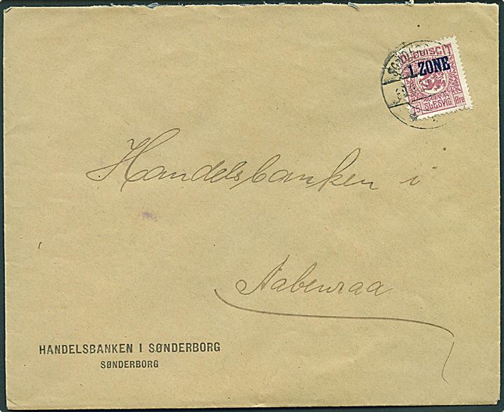 15 øre 1. Zone udg. på brev annulleret med uldent stempel i Sønderborg d. 30.6.1920 til Aabenraa.