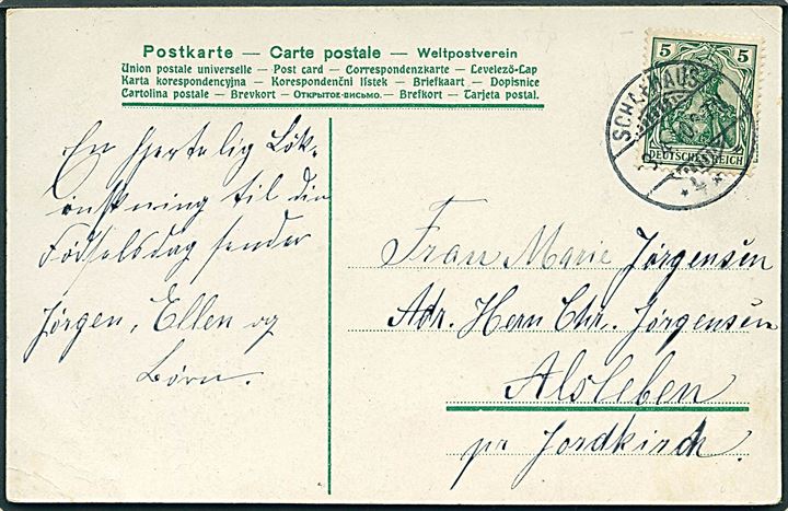 5 pfg. Germania på brevkort annulleret Scharfhaus d. 3.4.1910 til Alsleben pr. Jordkirch.