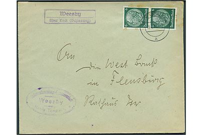 6 pfg. Hindenburg i parstykke på brev annulleret Leck (Schleswig) d. 19.8.1937 og sidestemplet Wessby über Leck (Schleswig) til Flensburg. Lidt rust.