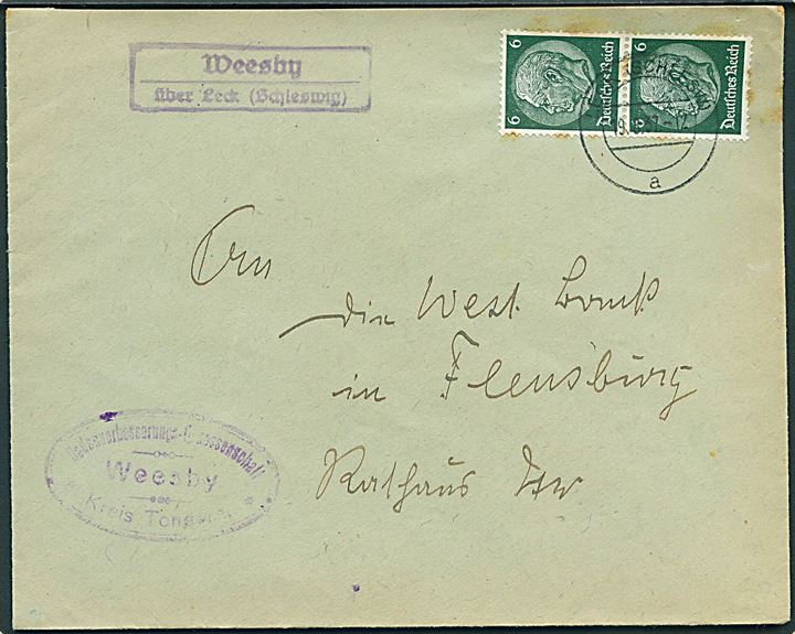 6 pfg. Hindenburg i parstykke på brev annulleret Leck (Schleswig) d. 19.8.1937 og sidestemplet Wessby über Leck (Schleswig) til Flensburg. Lidt rust.