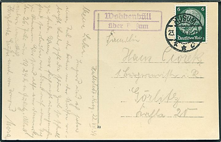 6 pfg. Hindenburg på brevkort stemplet Husum d. 23.7.1934 og sidestemplet Wobbenbüll über Husum til Görlitz.