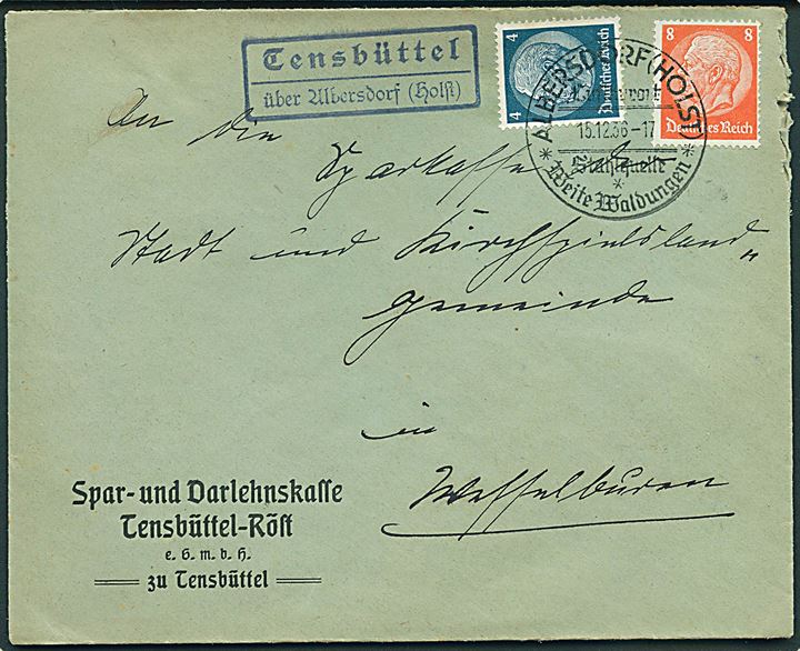 4 pfg. og 8 pfg. Hindenburg på brev stemplet Albersdorf (Holst) d. 15.12.1936 og sidestemplet Tensbüttel über Albersdorf (Holst) .