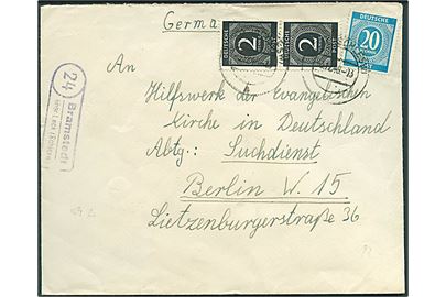 2 pfg. (2) og 20 pfg. Ciffer på brev stemplet Leck (Schlesw) d. 3.12.1948 og sidestemplet 24/Bramstedt über Leck (Schlesw) til Berlin.