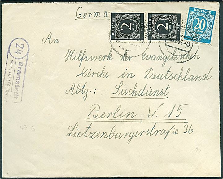 2 pfg. (2) og 20 pfg. Ciffer på brev stemplet Leck (Schlesw) d. 3.12.1948 og sidestemplet 24/Bramstedt über Leck (Schlesw) til Berlin.