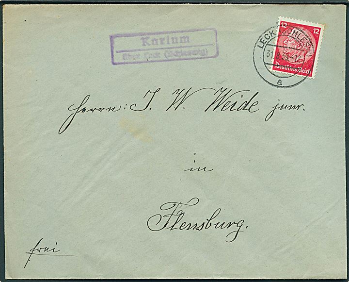 12 pfg. Hindenburg på brev stemplet Leck (Schlesw) d. 31.8.1939 og sidestemplet Karium über Leck (Schleswig) til Flensburg.