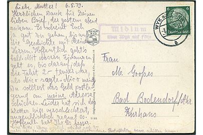 6 pfg. Hindenburg på brevkort (Kort over øen Föhr) annulleret Wyck auf Föhr d. 7.8.1939 og sidestemplet Midlum über Wyck auf Föhr til Bad Bodendorf.