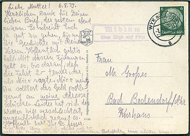 6 pfg. Hindenburg på brevkort (Kort over øen Föhr) annulleret Wyck auf Föhr d. 7.8.1939 og sidestemplet Midlum über Wyck auf Föhr til Bad Bodendorf.