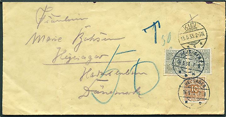 Ufrankeret brev fra Kiel d. 15.5.1933 til Hejsager, Danmark. Udtakseret i porto med 10 øre og 20 øre (par) Portomærke stemplet Hejsager d. 15.5.1933.