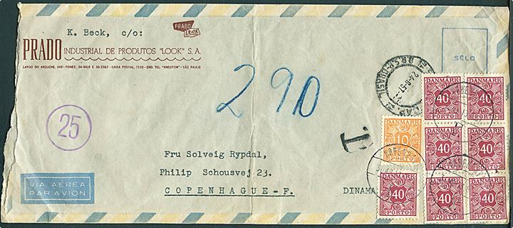Ufrankeret luftpostbrev fra Sao Paulo d. 24.6.1957 til København, Danmark. Udtakseret i porto med 10 øre og 40 øre (7) Portomærke stemplet København d. 13.8.1957.