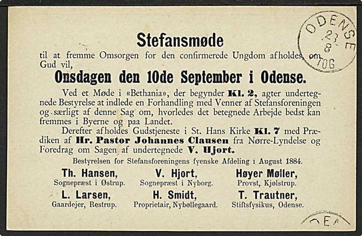 4 øre enkeltbrevkort med privat tiltryk Stefansmøde sendt lokalt i Odense d. 22.8.1884.