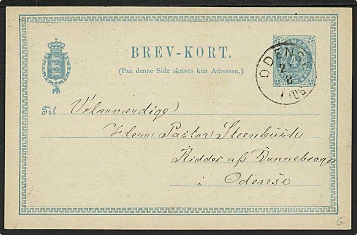 4 øre enkeltbrevkort med privat tiltryk Stefansmøde sendt lokalt i Odense d. 22.8.1884.
