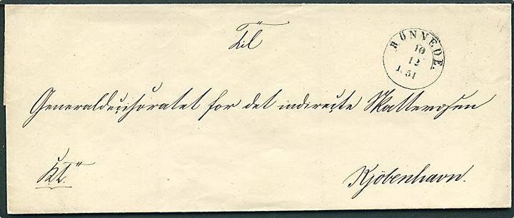 1851. Ufrankeret tjenestebrev mærket K.T. med 1½ ringsstempel Rönnede. d. 10.12.1851 til Kjøbenhavn.