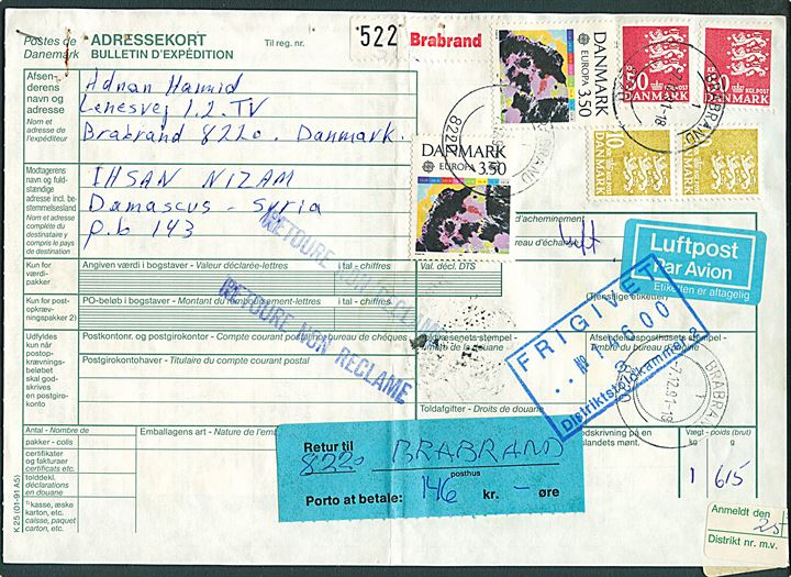 3,50 kr. Rumforskning (2), 10 kr. (par) og 50 kr. (2) Rigsvåben på internationalt adressekort for luftpostpakke fra Brabrand d. 7.12.1991 til Damaskus, Syrien. Returneret som ej afhentet. Udtakseret i 146 kr. returporto.