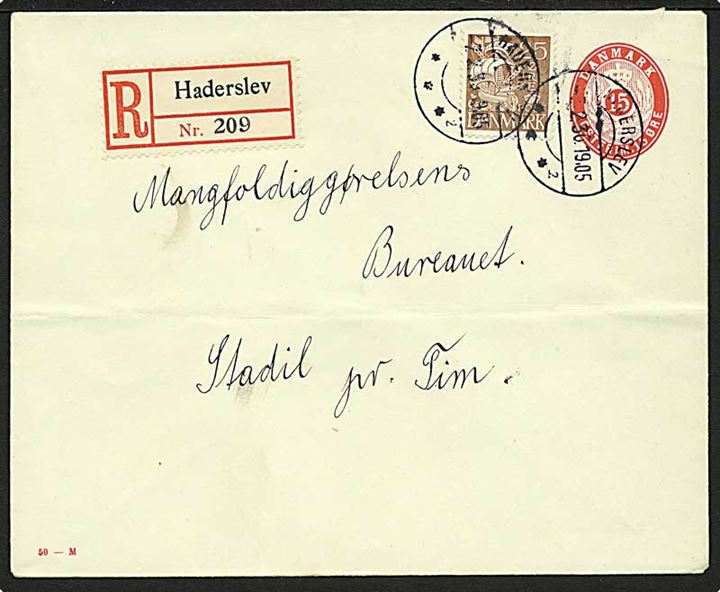 15 øre helsagskuvert (fabr. 50-M) opfrankeret med 25 øre Karavel sendt anbefalet fra Haderslev d. 7.2.1936 til Stadil pr. Tim.