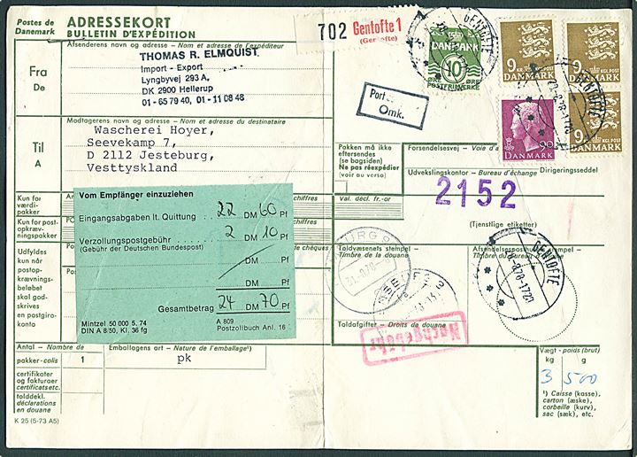 10 øre Bølgelinie, 90 Margrethe og 9 kr. Rigsvåben (3) på internationalt adressekort fra Gentofte d. 28.8.1978 til Jesteburg, Tyskland. Rammestempel Port completé OMK og tysk toldseddel.