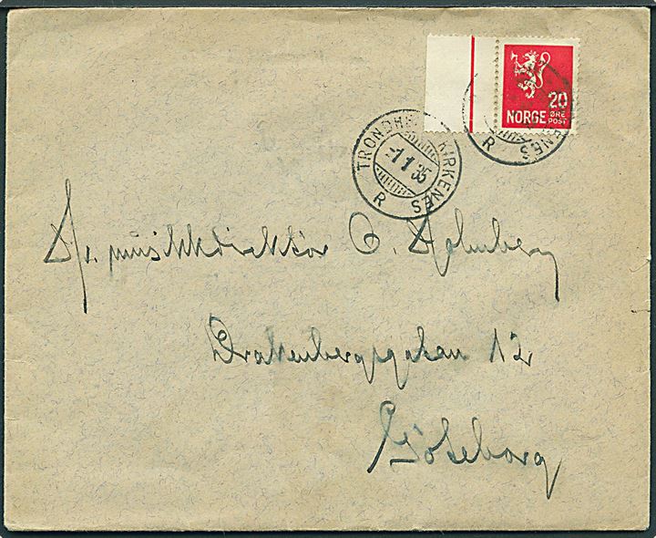 20 øre Løve på brev fra Tromsø annulleret med sejlende bureaustempel Trondheim - Kirkenes R d. 1.1.1935 til Göteborg, Sverige.