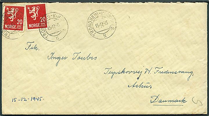 20 øre Løve (2) på brev fra Tromsø annulleret med sejlende bureaustempel Trondheim - Kirkenes N d. 15.12.1945 til Aarhus, Danmark.