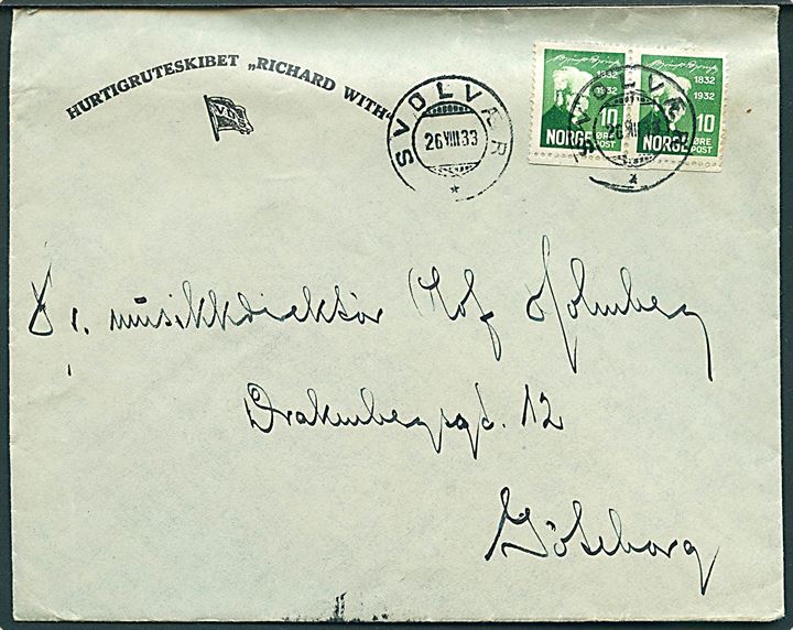 10 øre Bjørnsson i parstykke på fortrykt kuvert fra Hurtigruten Richard With sendt fra Svolvær d. 26.8.1933 til Göteborg, Sverige. Indeholder brev på fortrykt brevpapir.