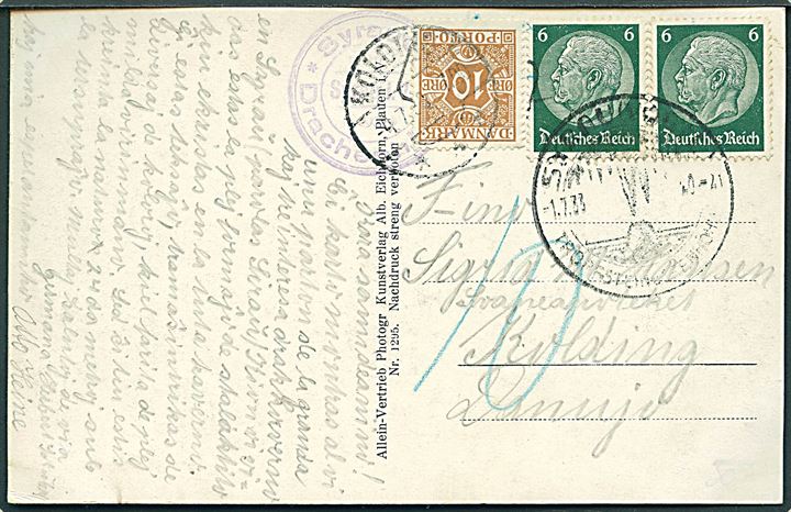 6 pfg. Hindenburg i parstykke på underfrankeret brevkort fra Syrau d. 1.7.1933 til Kolding, Danmark. Udtakseret i porto med 10 øre Portomærke stemplet Kolding d. 4.7.1933.