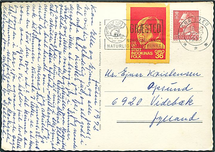 60 øre Fr. IX og Støt Indokinas Folk mærkat på julekort fra Græsted d. 20.12.1972 til Videbæk.