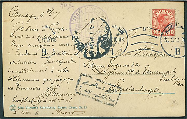 10 øre Chr. X på brevkort (København, Tivoli) fra Kjøbenhavn d. 31.5.1917 til danske legation i Constantinopel, Tyrkiet. Tyrkisk censur.