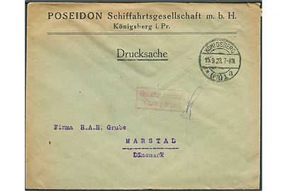 Ufrankeret tryksag med 2-sproget rammestempel Gebühr bezahlt fra Königsberg d. 15.9.1923 til Marstal, Danmark.