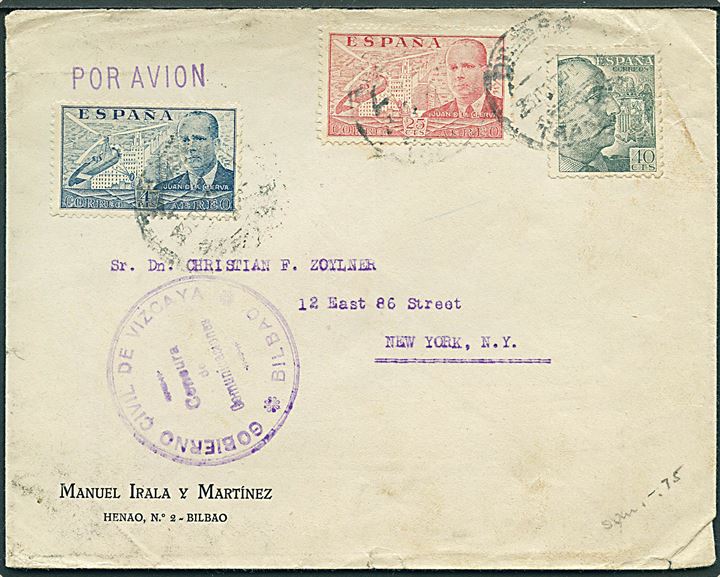 40 cts. Franco, 25 cts. og 1 pta. Luftpost på luftpostbrev fra Bilbao d. 25.10.1940 til New York, USA. Lokal spansk censur fra Bilbao.