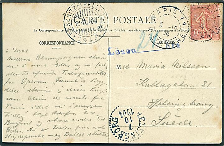Fransk 10 c. på underfrankeret brevkort fra Paris d. 5.10.1904 via sejlende bureau Sassnitz - Trelleborg 141A til Helsingborg, Sverige. Blåt portostempel: Lösen 24 öre.