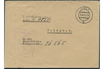 Ufrankeret feltpostbrev fra Kiel d. 14.5.1941 til feldpost-nr. 26565 = Marine-Intendantur-Dienststelle Kopenhagen, Danmark.