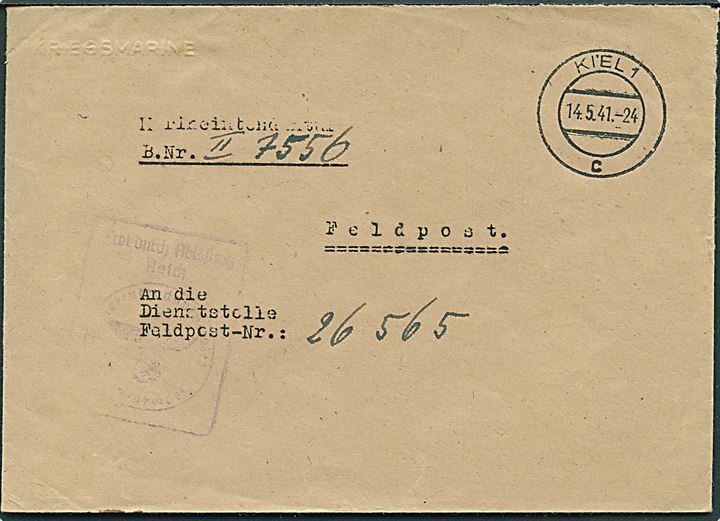Ufrankeret feltpostbrev fra Kiel d. 14.5.1941 til feldpost-nr. 26565 = Marine-Intendantur-Dienststelle Kopenhagen, Danmark.