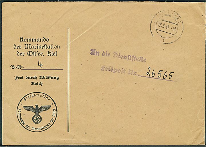 Ufrankeret feltpostbrev fra Kommando der Marinestation der Ostsee i Kiel d. 15.5.1941 til feldpost nr. 26565 = Marine-Intendantur-Dienststelle Kopenhagen, Danmark.