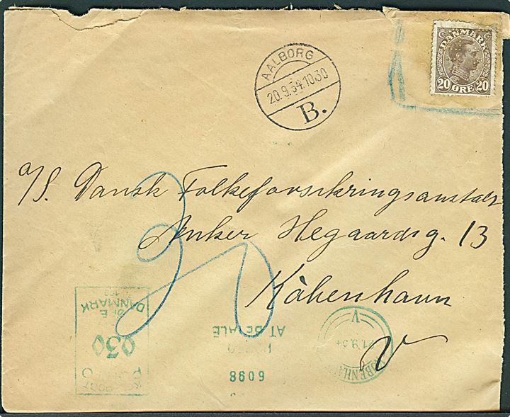 20 øre Chr. X med perfin D.D.S.F. markeret ugyldig på brev fra Aalborg B. d. 20.9.1934 til København. Udtakseret i porto med 30 øre grønt porto-maskinstempel. Frimærket blev gjort ugyldig pr. 1.1.1927.