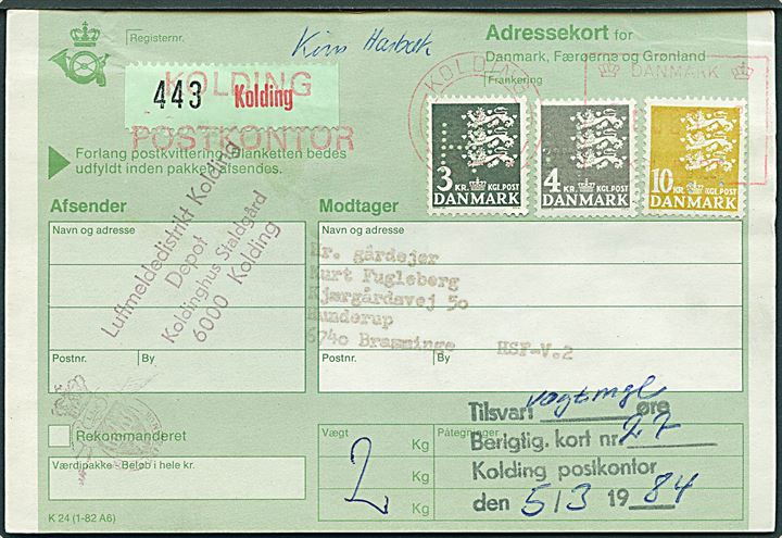 3 kr., 4 kr. og 10 kr. Rigsvåben med perfin H (Hjemmeværnet) på adressekort for pakke fra Luftmeldedistrikt Kolding annulleret med frankostempel i Kolding d. ?.3.1984 til Bramminge.