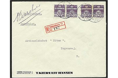 10 øre Bølgelinie (4) på lokalt anbefalet brev fra København 11 d. 16.10.1942 til København N.