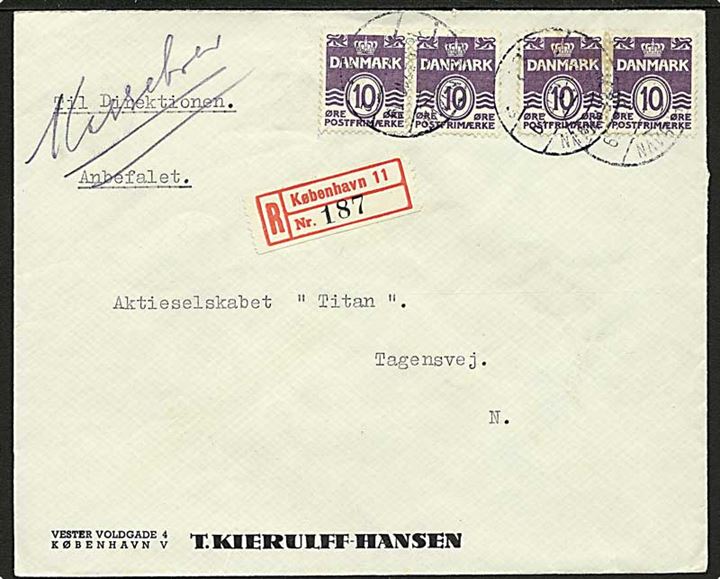 10 øre Bølgelinie (4) på lokalt anbefalet brev fra København 11 d. 16.10.1942 til København N.