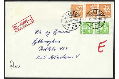 325 øre Bølgelinie i par og 8 kr. Rigsvåben (3) på anbefalet brev fra Skagen d. 25.5.1990 til København.