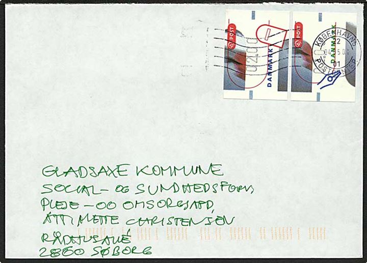 2 kr. Frankerings-etiketter (2) på brev stemplet Københavns Postcenter d. 4.5.2001 til Søborg.