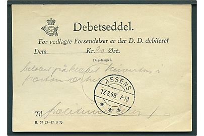 Devetseddel formular B.57 (3-47 B7) stemplet Assens d. 17.8.1949 og påskrevet beløb påklæbet kuverten i portomærker.