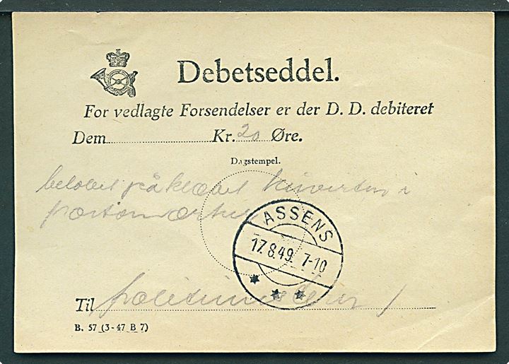 Devetseddel formular B.57 (3-47 B7) stemplet Assens d. 17.8.1949 og påskrevet beløb påklæbet kuverten i portomærker.