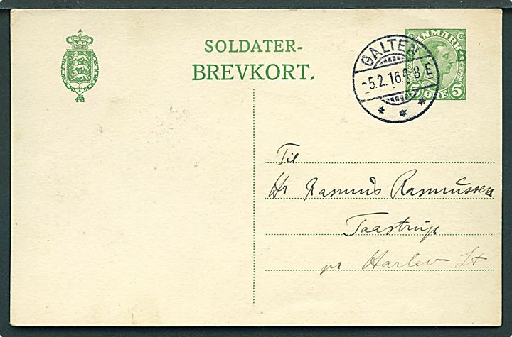 5 øre Soldaterbrevkort fra Galten d. 5.2.1916 til Harlev St.