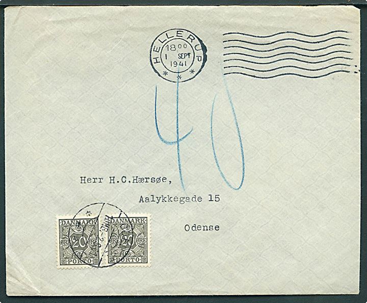 Ufrankeret brev fra Hellerup d. 1.9.1941 til Odense. Udtakseret i porto med 20 øre Portomærke i parstykke stemplet Odense d. 2.9.1941.