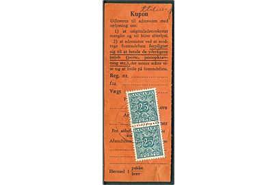Adressekort talon med 25 øre Portomærke i parstykke stemplet Ålborg d. 23.11.1957.