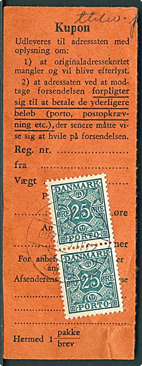 Adressekort talon med 25 øre Portomærke i parstykke stemplet Ålborg d. 23.11.1957.