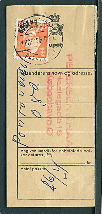 80 øre Fr. IX på talon fra adressekort stemplet København Pakkepost  d. 26.4.1962. Påskrevet Portoudlæg 0,80.