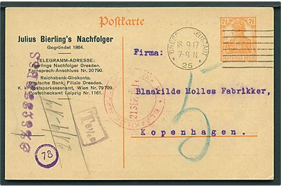 7½ pfg. Germania på underfrankeret helsagsbrevkort fra Dresden d. 18.9.1917 til København, Danmark. Tysk portostempel T 6 1/4 c. og udtakseret i 5 øre dansk porto.