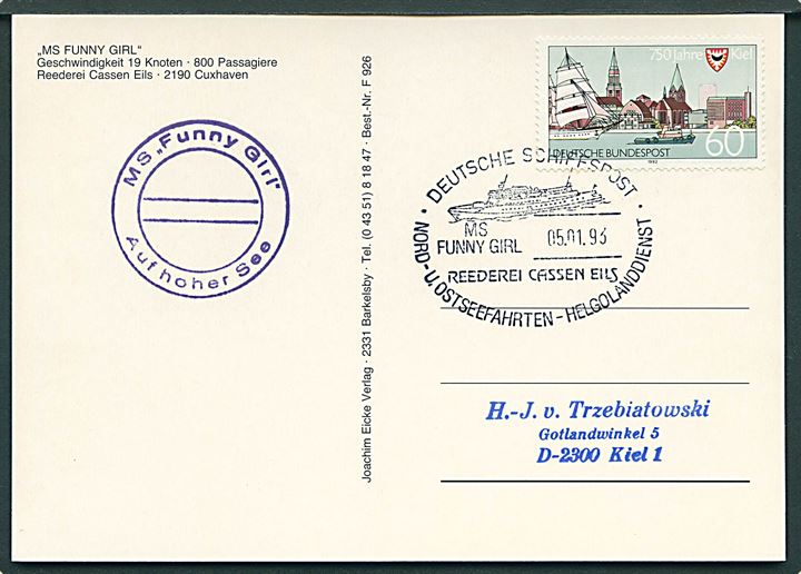 60 pfg. på brevkort (M/S Funny Girl) annulleret med skibsstempel Deutsche Schiffspost MS Funny Girl Nord- u. Ostseefahrten - Helgolanddienst d. 5.1.1993 til Kiel.